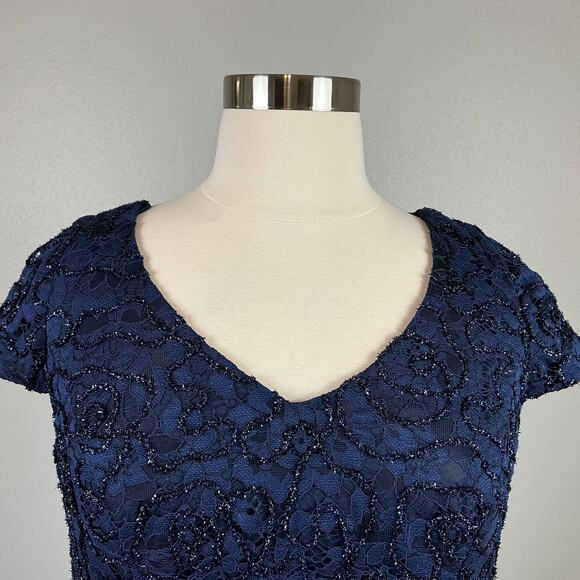Alex Evenings Beaded Lace Cocktail Dress Blue Size 14W Belted Fit and Flare - Picture 7 of 13